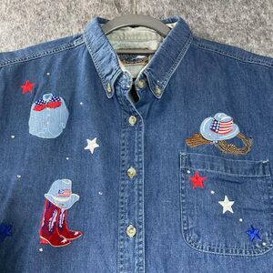 Upstream Denim Shirt Womens XL Blue Embroidered Rhinestone Cowgirl USA Patriotic